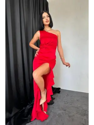 Kırmızı Volanlı Saten Abiye