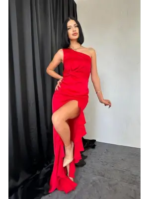Kırmızı Volanlı Saten Abiye