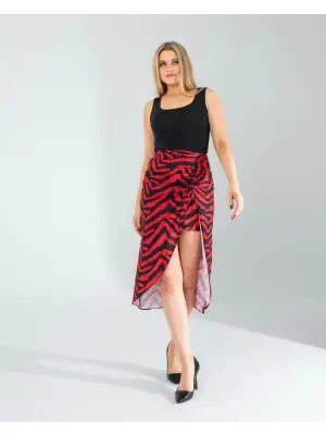 Omarı Zebra Desenli Büzgülü Kırmızı Etek