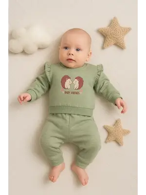 Kirpi Nakışlı % 100 Pamuk 2li Kız Bebek Takım