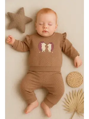 Kirpi Nakışlı % 100 Pamuk 2li Kız Bebek Takım