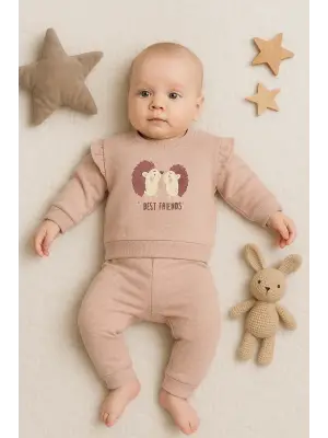 Kirpi Nakışlı % 100 Pamuk 2li Kız Bebek Takım