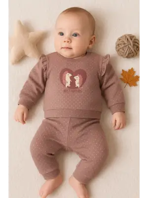 Kirpi Nakışlı % 100 Pamuk 2li Kız Bebek Takım