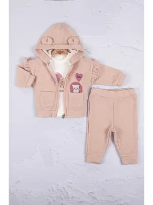 Kirpi Nakışlı % 100 Pamuk 3lü Kız Bebek Takım