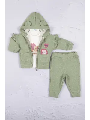 Kirpi Nakışlı % 100 Pamuk 3lü Kız Bebek Takım