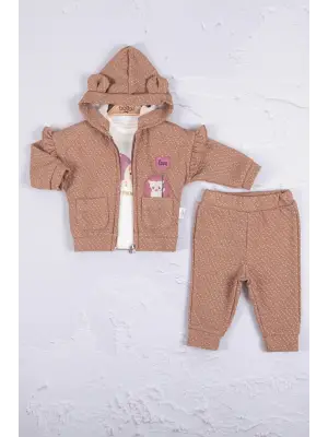 Kirpi Nakışlı % 100 Pamuk 3lü Kız Bebek Takım