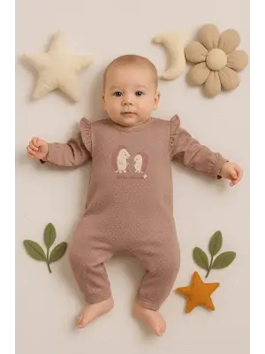 Kirpi Nakışlı % 100 Pamuk Kız Bebek Tulum