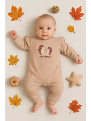 Kirpi Nakışlı % 100 Pamuk Kız Bebek Tulum