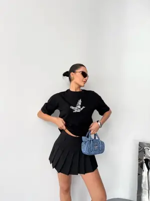 Kısa Kol Baskılı T-shirt - Siyah