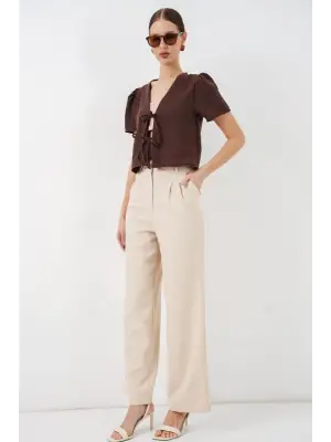 Kısa Kol Crop Bluz 958 - Kahverengi