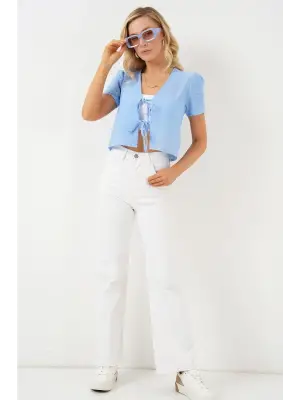 Kısa Kol Crop Bluz 958 - Mavi