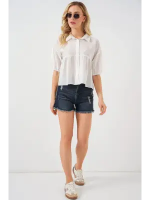Kısa Kol Crop Gömlek 20335 - Beyaz