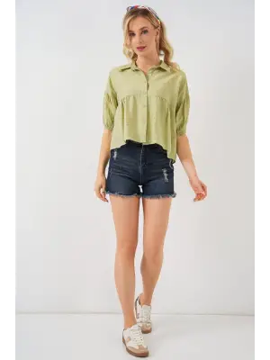 Kısa Kol Crop Gömlek 20335 - E.Yeşil