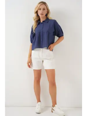 Kısa Kol Crop Gömlek 20335 - İndigo