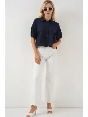 Kısa Kol Crop Gömlek 20335 - Lacivert