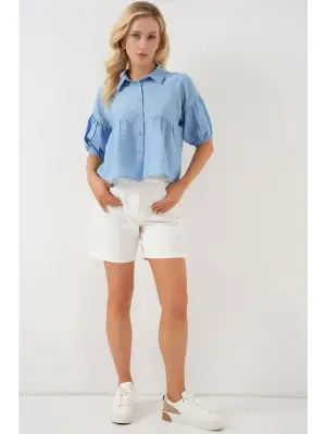 Kısa Kol Crop Gömlek 20335 - Mavi