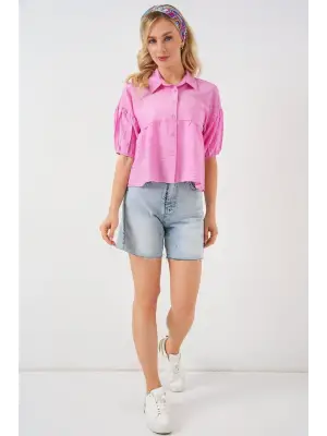 Kısa Kol Crop Gömlek 20335 - Pudra