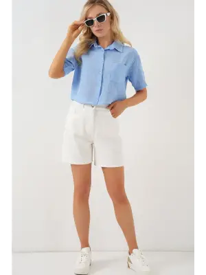 Kısa Kol Crop Gömlek 20341 - Mavi