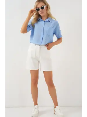 Kısa Kol Crop Gömlek 20341 - Mavi