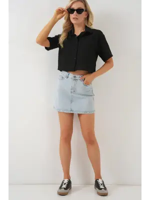 Kısa Kol Crop Gömlek 20341 - Siyah