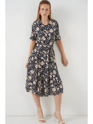 Kısa Kol Desenli Elbise 2560 - Lacivert