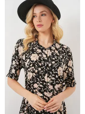 Kısa Kol Desenli Elbise 2560 - Siyah