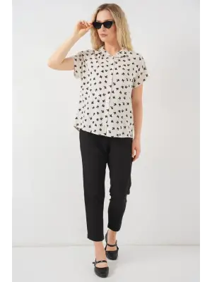 Kısa Kol Desenli Gömlek 20310 - Krem