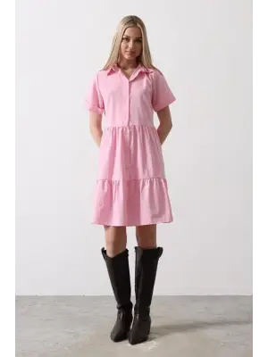 Kısa Kol Düğmeli Elbise - Şeker Pembe