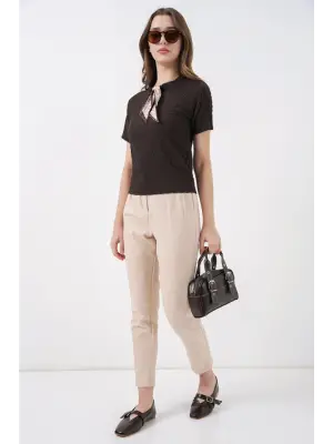 Kısa Kol Fularlı Örme Bluz 981 - Kahverengi