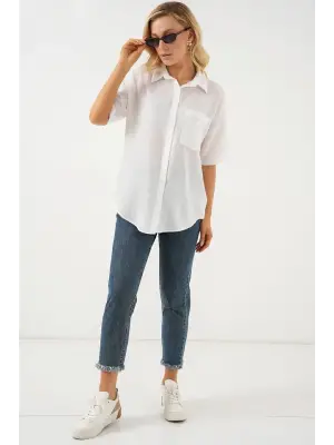 Kısa Kol Keten Görünümlü Gömlek 20336 - Beyaz