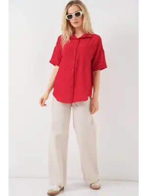 Kısa Kol Keten Görünümlü Gömlek 20336 - Kırmızı
