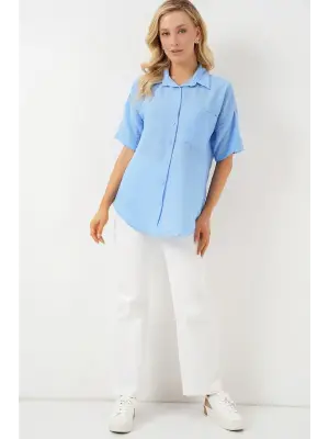 Kısa Kol Keten Görünümlü Gömlek 20336 - Mavi
