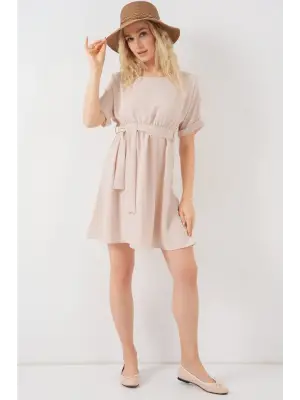 Kısa Kol Mini Ayrobin Elbise 2572 - Krem
