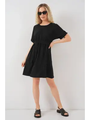 Kısa Kol Mini Ayrobin Elbise 2572 - Siyah