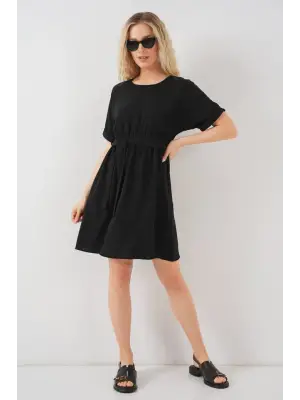 Kısa Kol Mini Ayrobin Elbise 2572 - Siyah