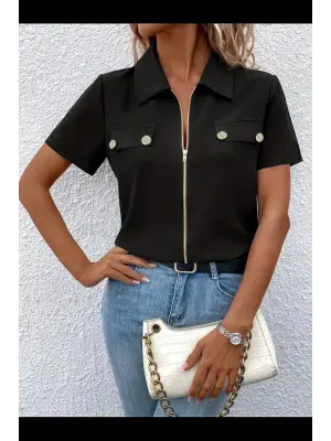 Omarı Fermuar Detaylı Kadın Ithal Krep Bluz