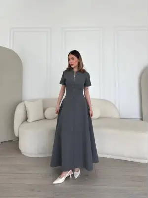 Omarı Fermuarlı Çan Etekli Uzun Elbise - Antrasit