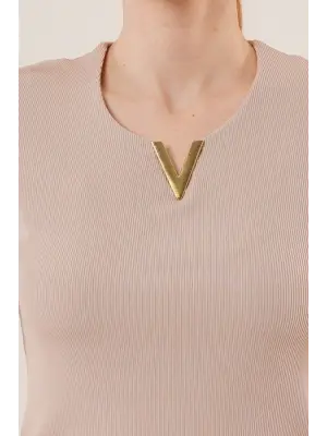 Kısa Kollu Yaka Detaylı Kaşkorse Taş Bluz