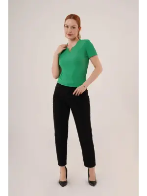 Kısa Kollu Yaka Detaylı Kaşkorse Yeşil Bluz