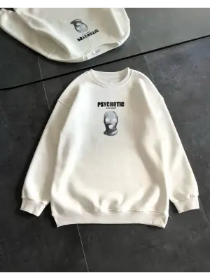 Beyaz Bisiklet Yaka Baskılı Sweatshirt