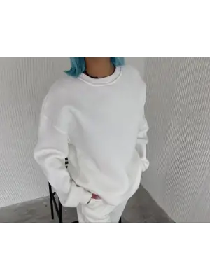 Kışlık Bisiklet Yaka Sweatshirt - Beyaz