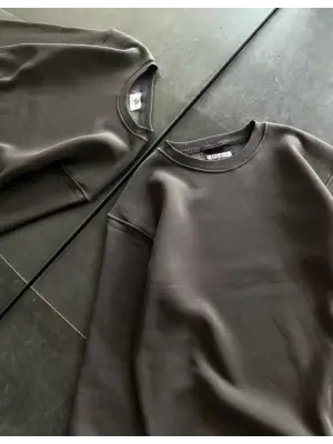 Kışlık Bisiklet Yaka Üç İplik Basic SweatShirt - Füme