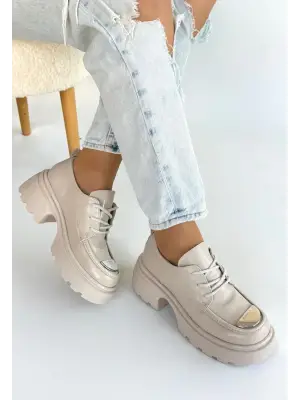 Kiya Bej Rugan Dolgu Topuk Oxford Ayakkabı