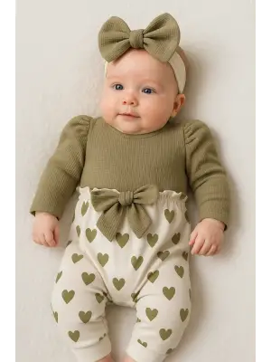 Kız Bebek Kalp Desenli Waffle Bandanalı 2li Tulum