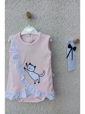 Kız Bebek Pembe Kedili Fırfırlı Bandanalı Badi