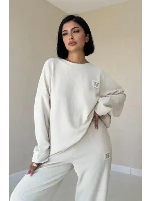 Omarı Klasik Fitilli Bej Kazak ve Pantolon Takımı