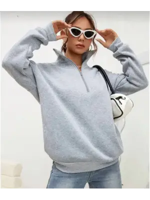 Omarı Yarım Fermuarlı Yakalı Gri Basic Sweatshirt
