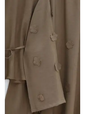 Kolları Ve Eteği Çiçekli Beli Bağcıklı Gömlek Etek İkili Modal Takım  -Kahve