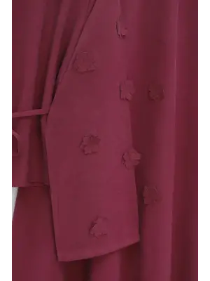 Kolları Ve Eteği Çiçekli Beli Bağcıklı Gömlek Etek İkili Modal Takım   -Mürdüm