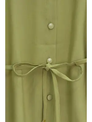 Kolları Ve Eteği Çiçekli Beli Bağcıklı Gömlek Etek İkili Modal Takım  -Yağ Yeşili